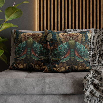 William Morris Inspired Moth Pillowcase, Teal Botanical Art Nouveau Cushion, Vintage Floral Nature Square Pillowcase