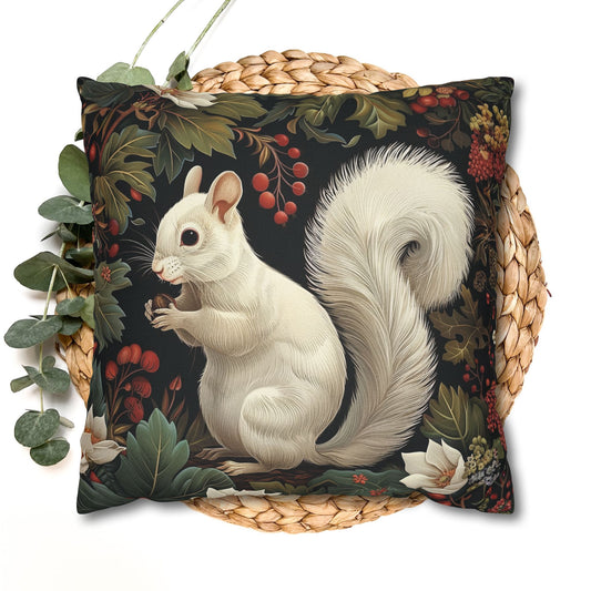 White Squirrel Decorative Pillowcase, Woodland Floral Accent