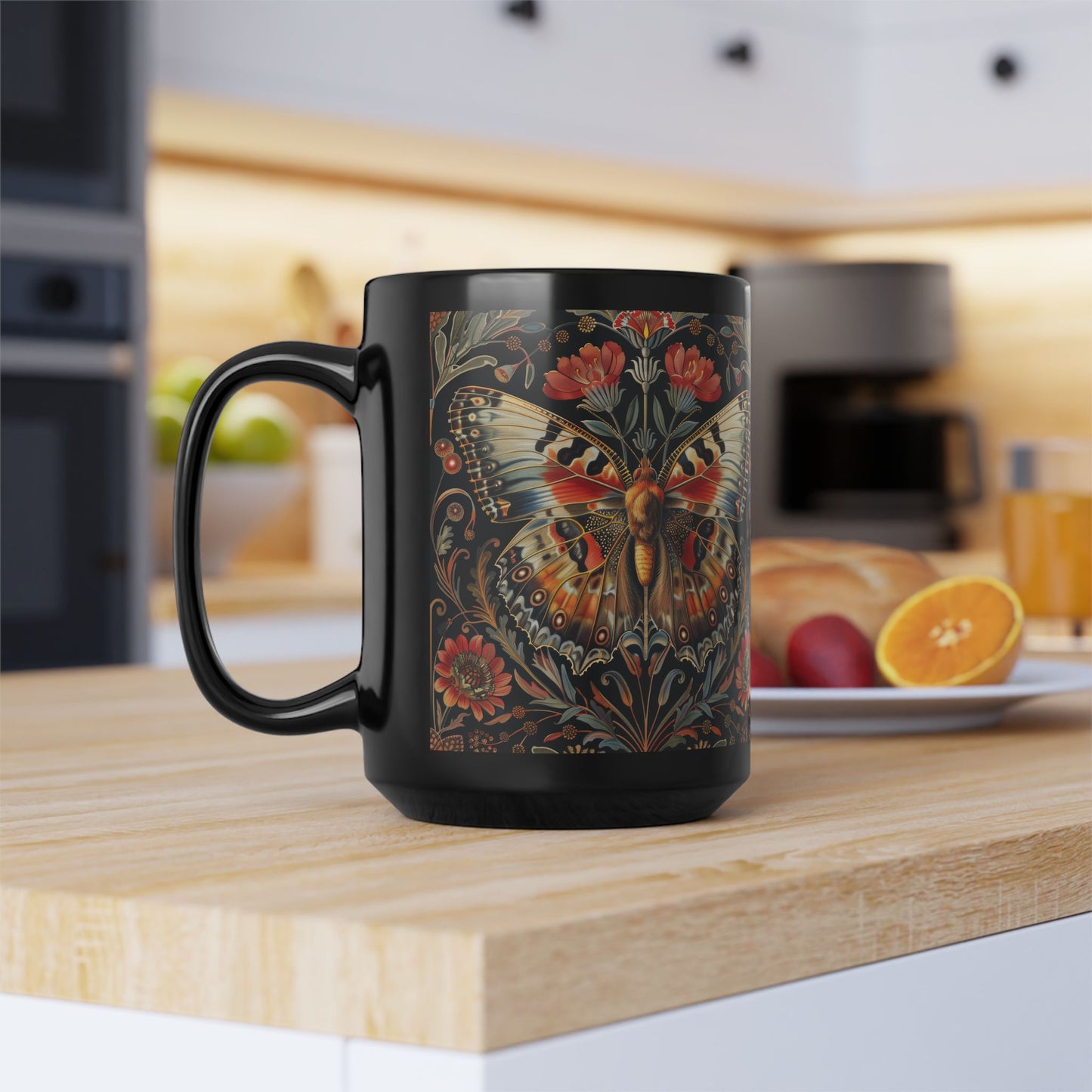 William Morris Inspired Botanical Butterfly Black Mug 11 oz. , 15 oz