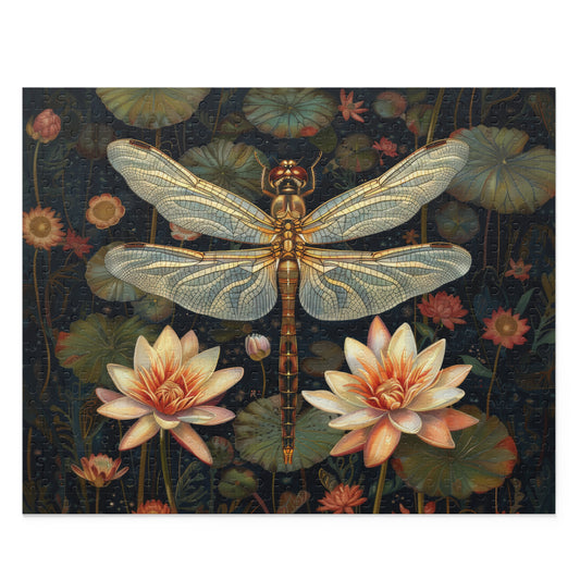 Dragonfly Water Lily William Morris Inspired Jigsaw Puzzle Box | Cottage-core Art Nouveau Puzzle Box (120, 252, 500-Piece)