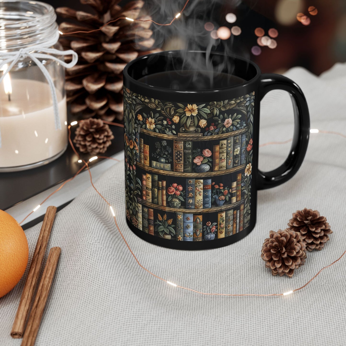 Vintage Bookshelf Mug, William Morris Style Library Black Ceramic Mug, Dark Academia Floral Book Lover Coffee Cup 11oz & 15oz