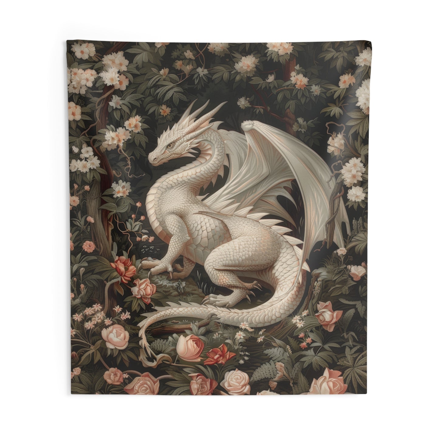 Tapestry of Magical White Dragon | William Morris Medieval Style Wall Art | Cottagecore Hanging and Home Decor