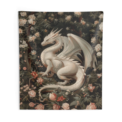 Tapestry of Magical White Dragon | William Morris Medieval Style Wall Art | Cottagecore Hanging and Home Decor