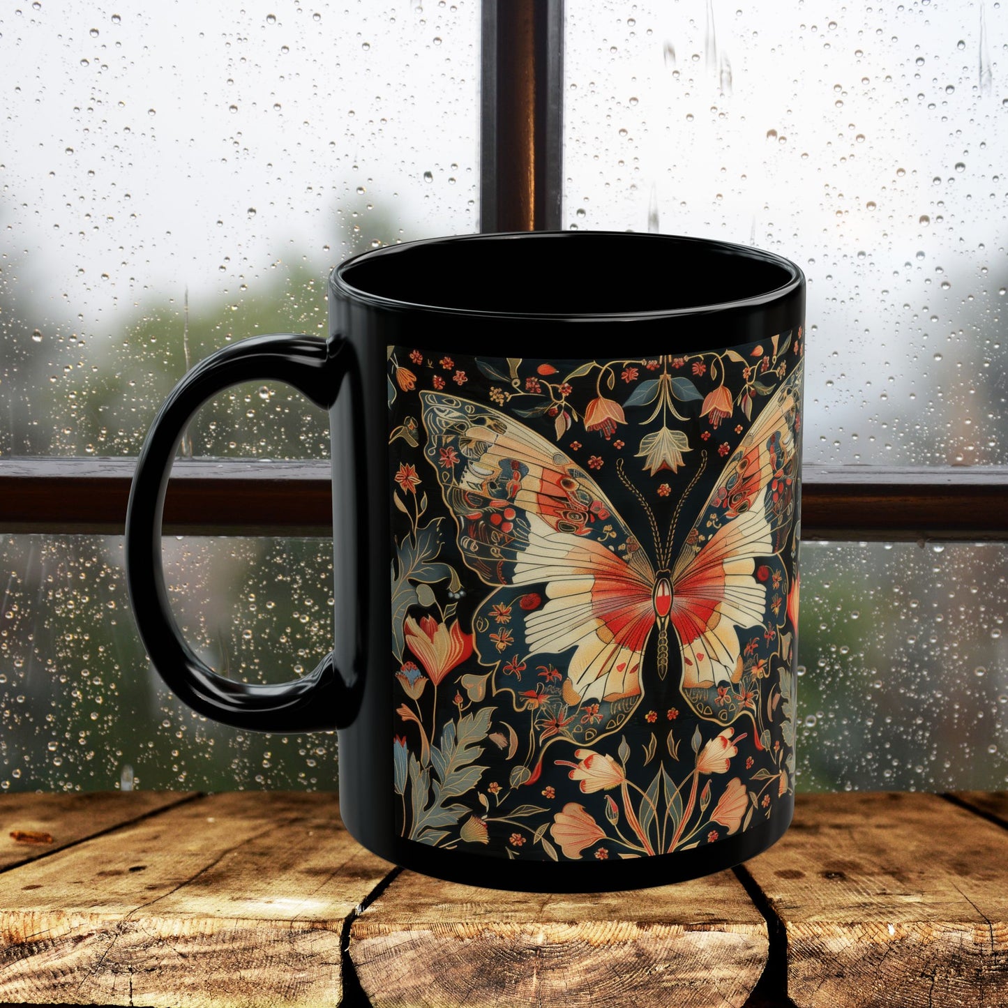 Enchanting Butterfly in the Style of William Morris, Woodland Blossoms Floral Botanical Design Black Mug 11oz, 15 oz