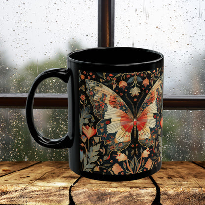 Enchanting Butterfly in the Style of William Morris, Woodland Blossoms Floral Botanical Design Black Mug 11oz, 15 oz