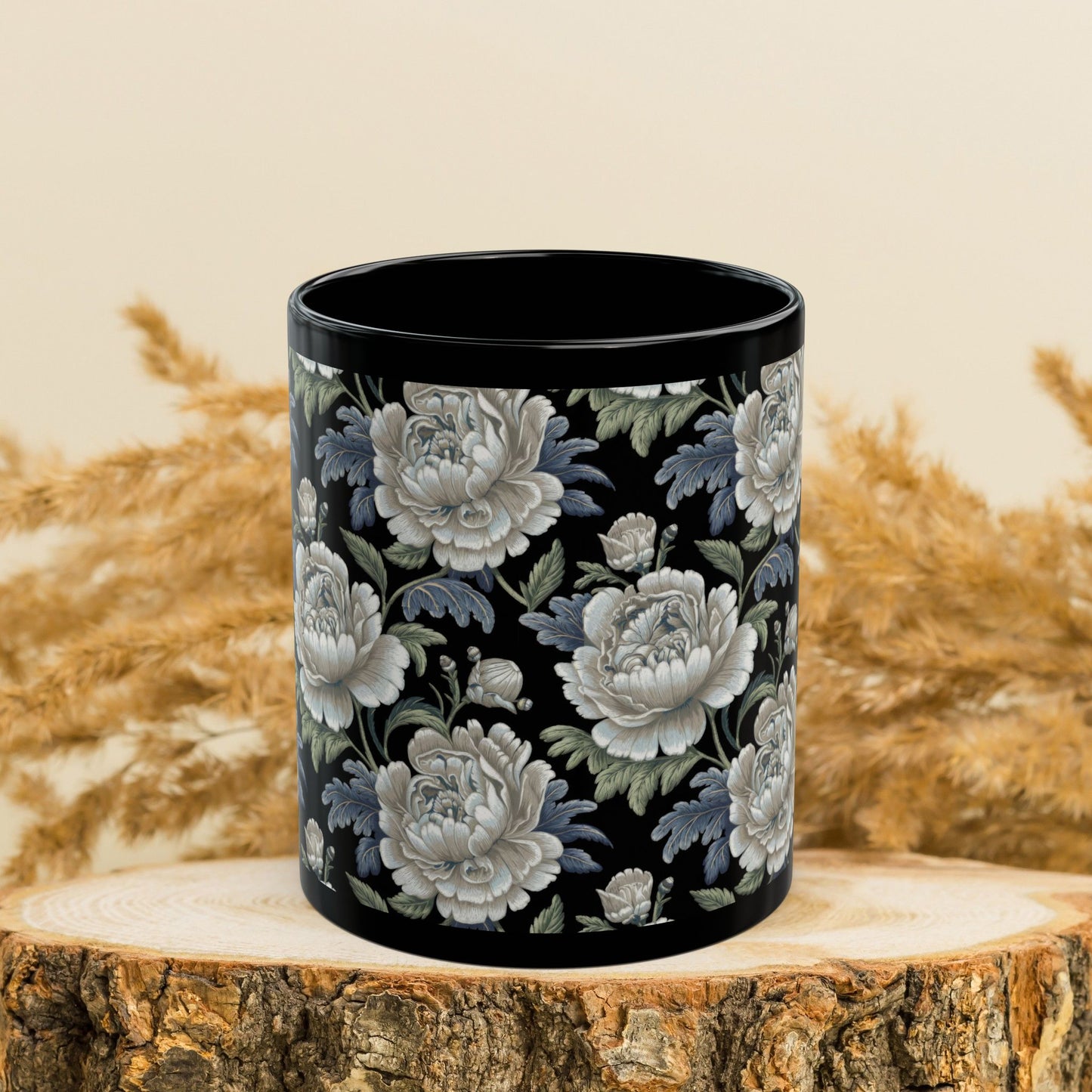 Vintage Roses Pattern Embroidery Black Mug 11oz