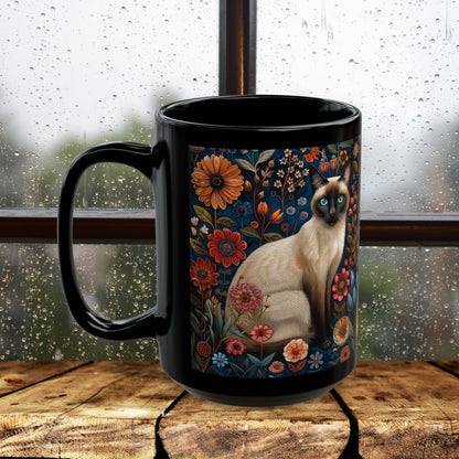 Siamese Cat Coffee Mug: William Morris Floral Design, Black Ceramic (11oz, 15oz)