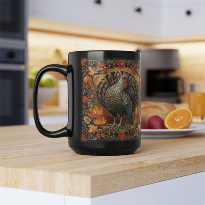 Fall Turkey William Morris Inspired Black Coffee Mug For Her Him Ceramic Mug Black Mug 11oz, 15oz