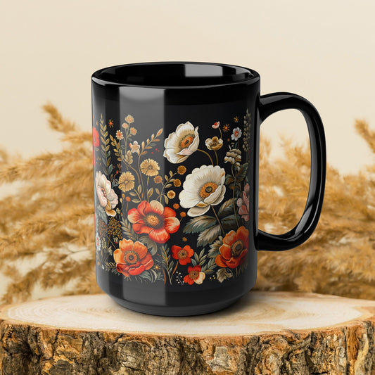 Wildflowers Pattern Embroidery Mug Black Mug 11oz, 15 oz