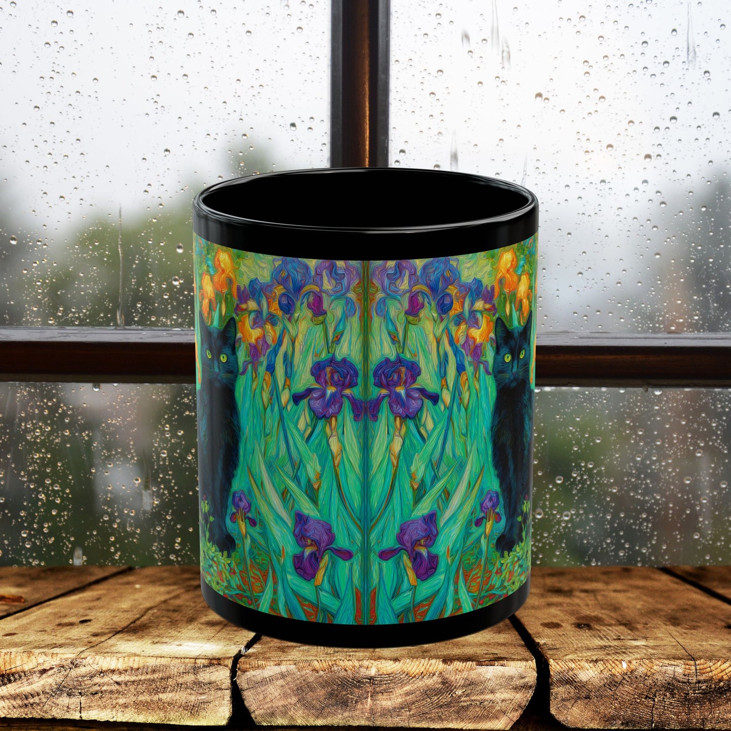 Black Cat Iris Mug, Van Gogh Inspired Cat Art Mug, Colorful Impressionist Floral Black Ceramic Mug, Artistic Cat Lover Gift, 11oz & 15oz