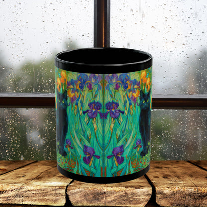 Black Cat Iris Mug, Van Gogh Inspired Cat Art Mug, Colorful Impressionist Floral Black Ceramic Mug, Artistic Cat Lover Gift, 11oz & 15oz