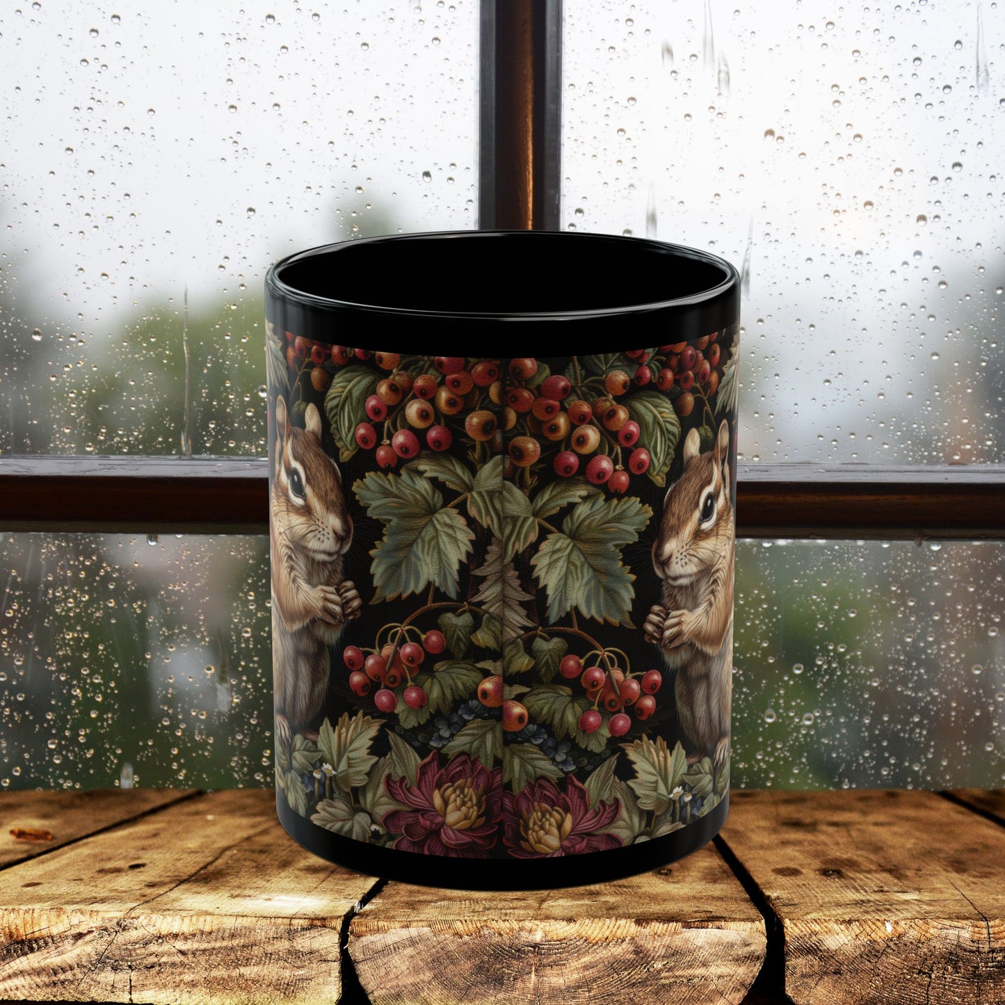 Whimsical Chipmunk Autumn Mug, Black Ceramic Woodland Animal Cup 11oz & 15oz Fall Forest Nature Coffee Mug for Animal Lovers