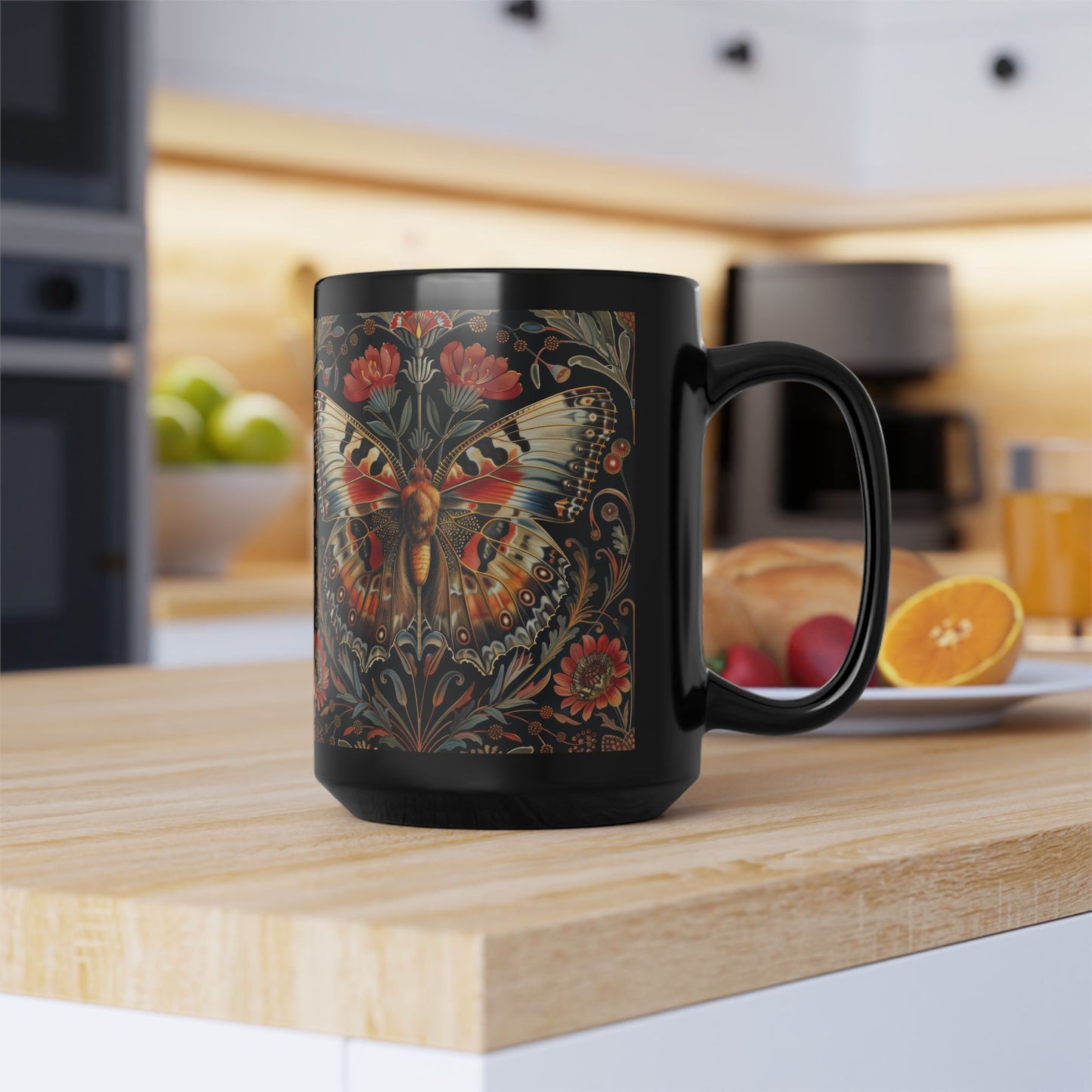 William Morris Inspired Botanical Butterfly Black Mug 11 oz. , 15 oz