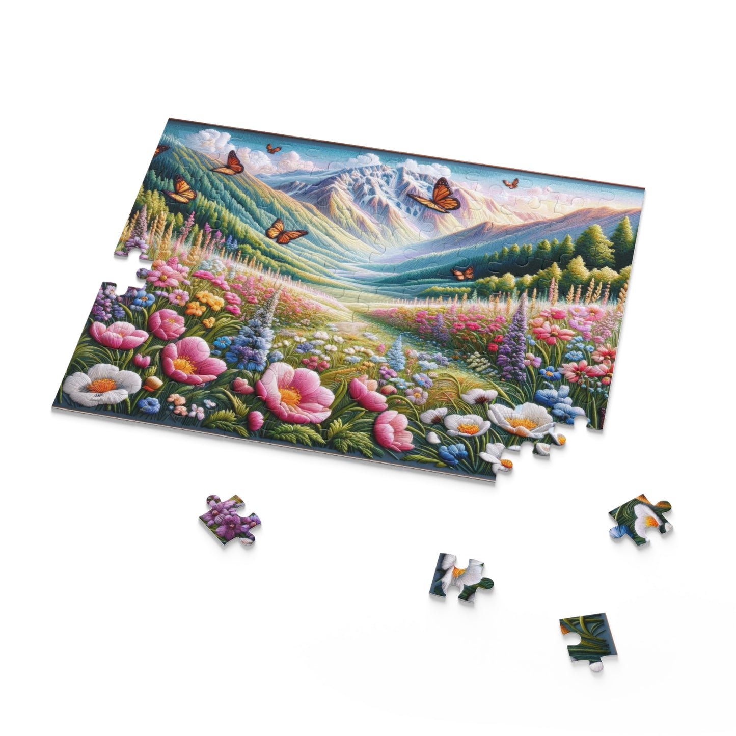 Field of Wildflowers and Butterflies Embroidered, Spring Scene Puzzle (120, 252, 500-Piece) Gift-Ready Box, Adult Jigsaw Puzzle