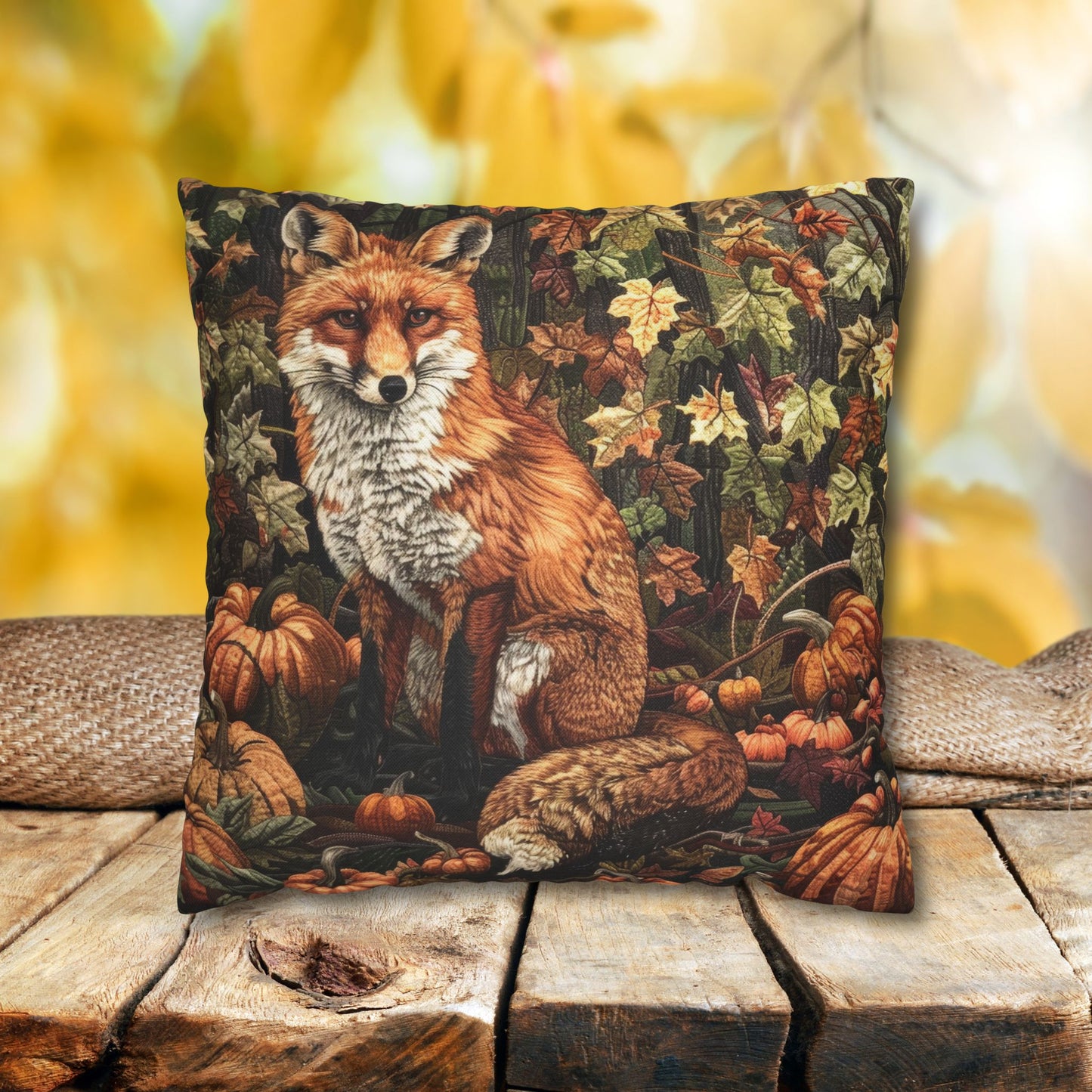 Fox in a Pumpkin Patch William Morris Inspired, Decorative Fall Pillow Decor, Spun Polyester Square Pillowcase