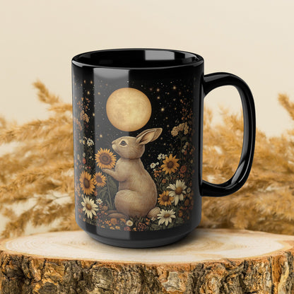 Moon Rabbit Coffee Mug, William Morris Inspired Floral Bunny Black Ceramic Cup (11oz, 15oz)