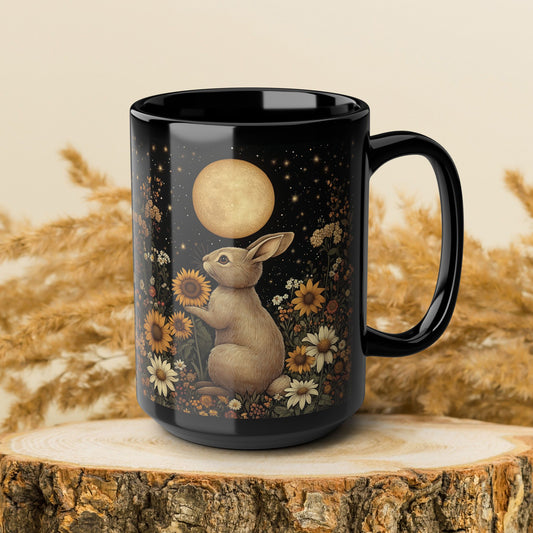 Moon Rabbit Coffee Mug, William Morris Inspired Floral Bunny Black Ceramic Cup (11oz, 15oz)