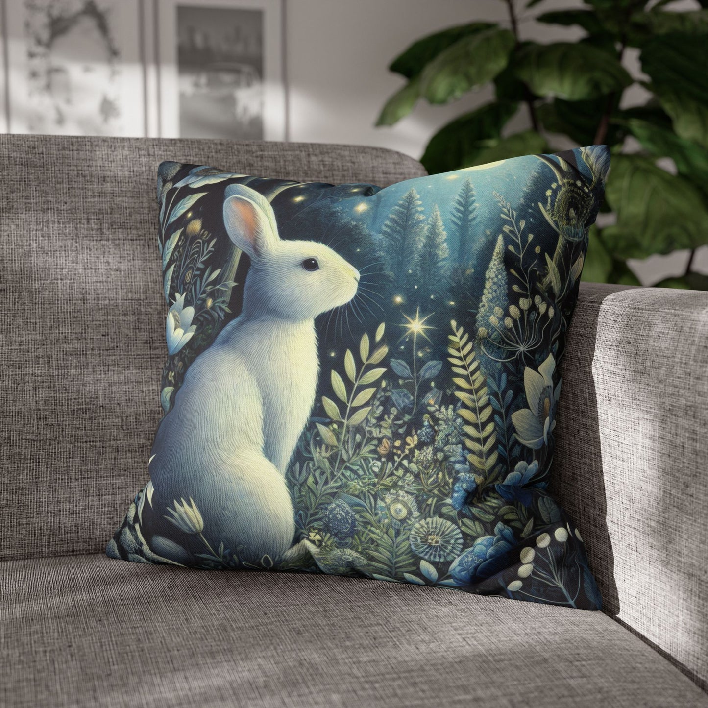 White Rabbit Moonlight Night Spun Polyester Square Pillowcase