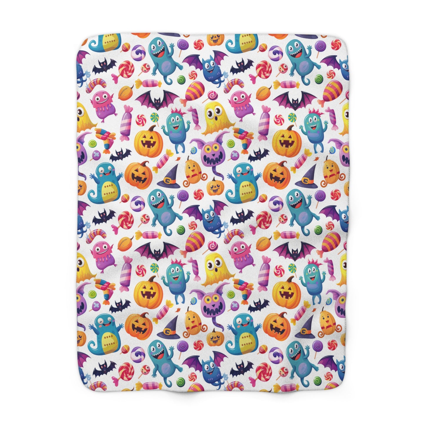 Halloween Cute Monster Ghost Witch And Candy Pattern Sherpa Fleece Blanket, Halloween Fall Gift