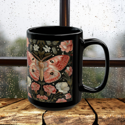 Woodland Pink Primrose Moth William Morris Inspired Black Coffee Mug For Her Him Ceramic Mug Black Mug 11oz, 15oz