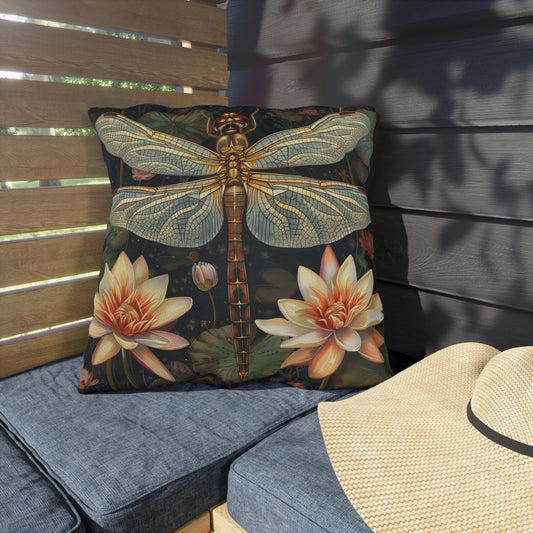 Dragonfly Lotus Outdoor Pillow, Dragonfly Throw Pillow, Water Lily Cushion, Botanical Pond Decor, Cottagecore Accent Pillow, Nature Lover Gift