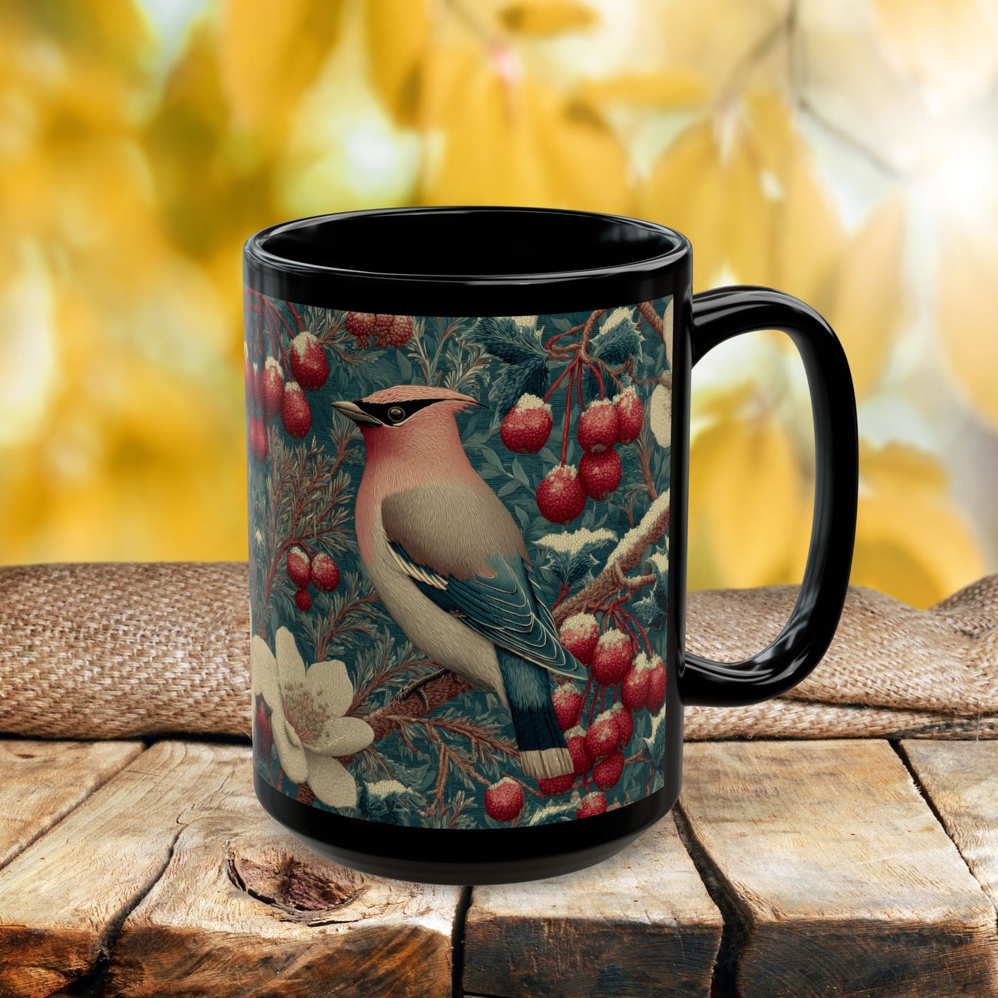 Waxwing Bird Vintage Berry Botanical Black Mug (11oz,15oz) Nature Lover Wildlife Art Gift
