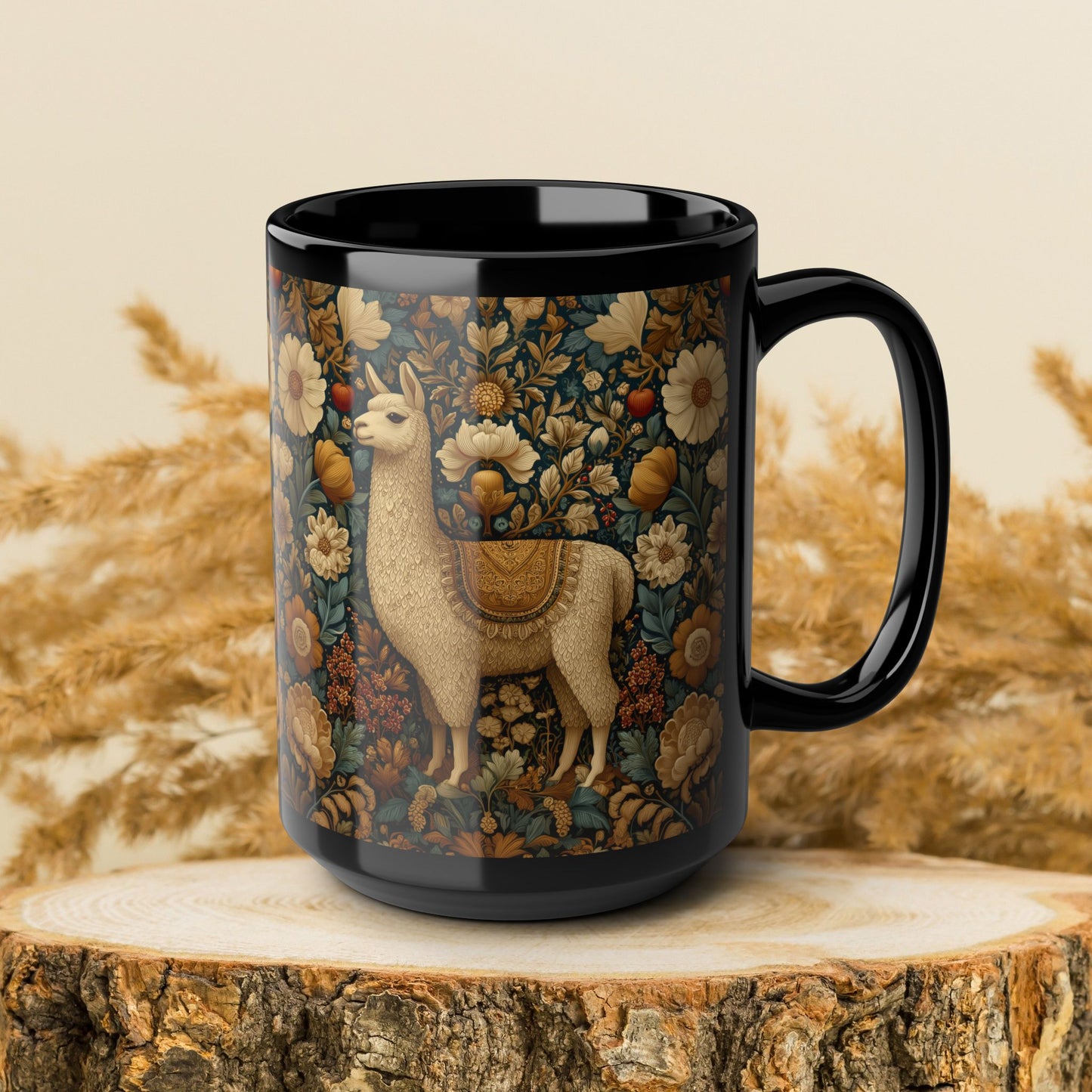 Vintage Floral Llama Mug | Black Ceramic Coffee Cup