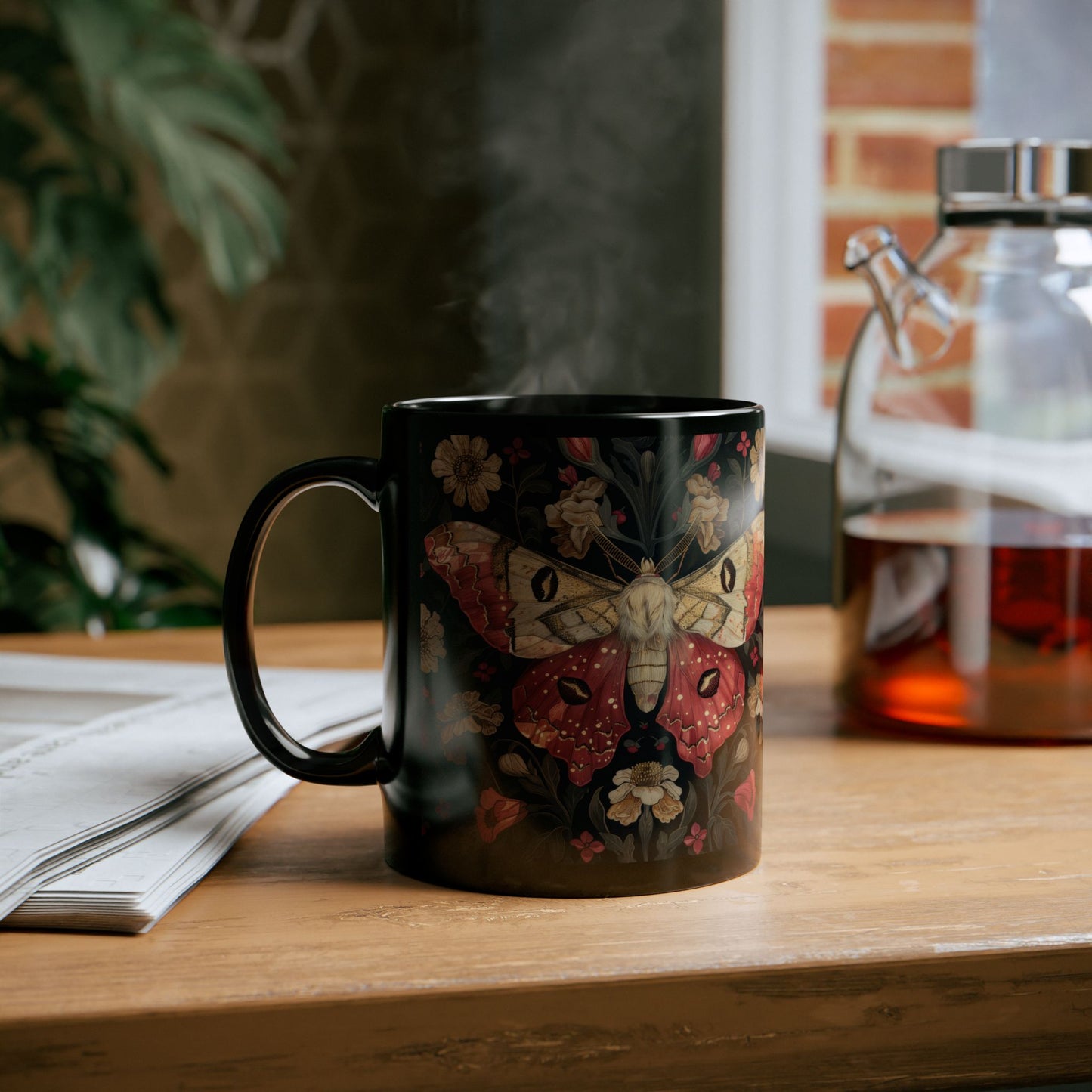 William Morris Inspired Botanical Rosy Maple Moth Black Mug 11oz, 15 oz