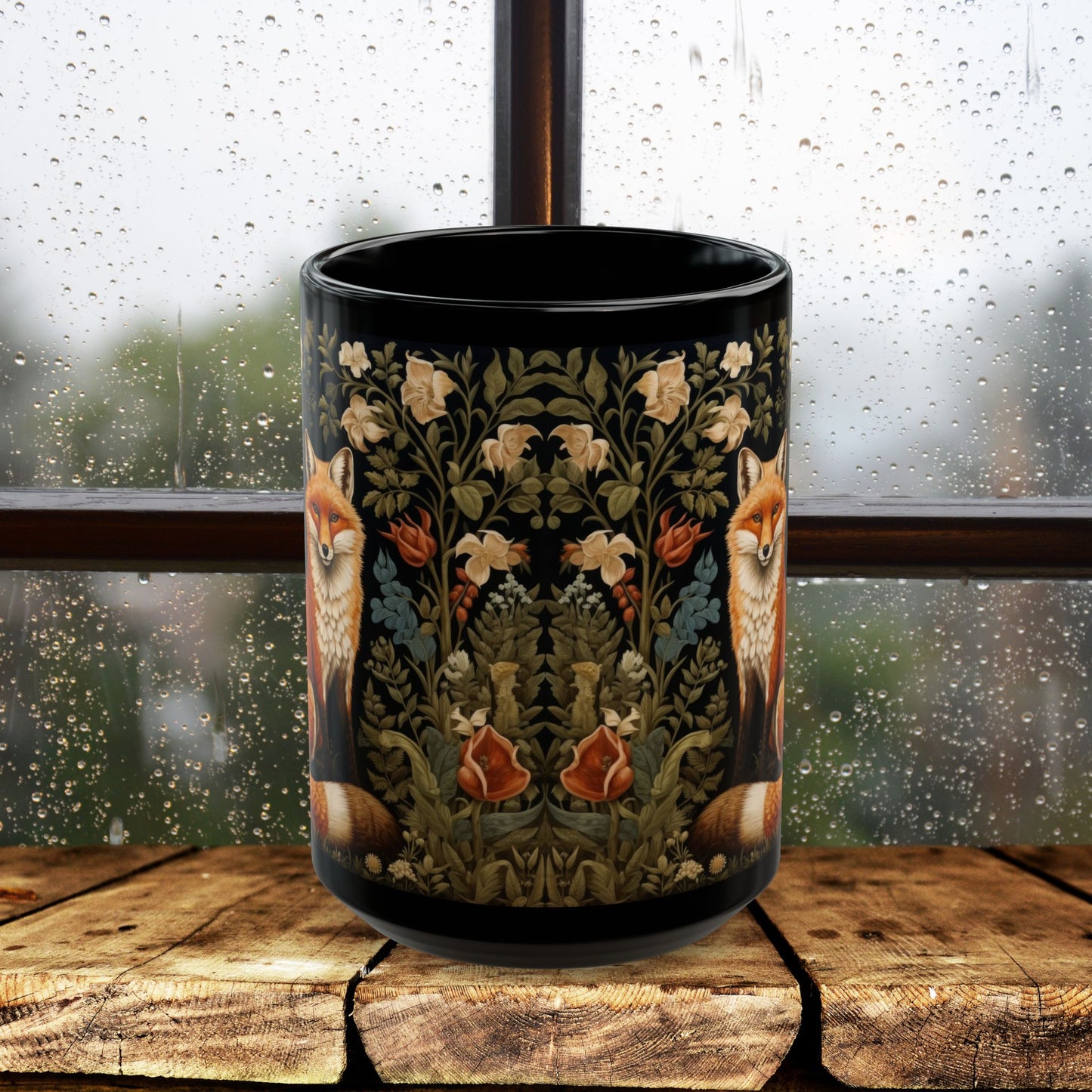 Botanical Floral Fox William Morris Inspired Black Mug (11oz ,15 oz), Gift for Nature Lovers, Coffee Tea Mug, Unique Kitchen Decor,
