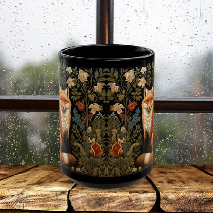 Botanical Floral Fox William Morris Inspired Black Mug (11oz ,15 oz), Gift for Nature Lovers, Coffee Tea Mug, Unique Kitchen Decor,