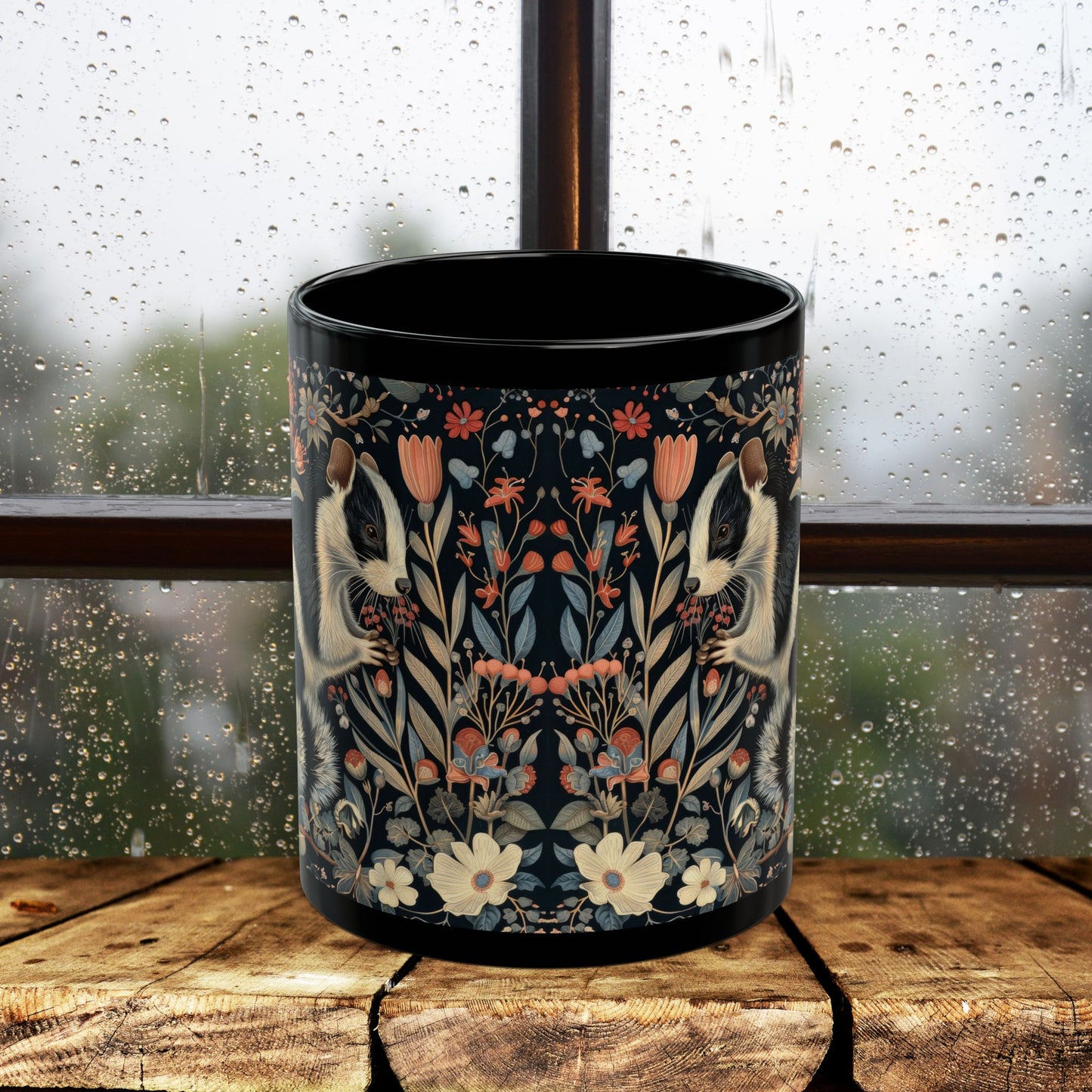 William Morris Inspired Floral Skunk Art Nouveau Coffee Mug For Her Him Ceramic Mug Black Mug 11oz, 15oz