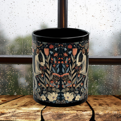 William Morris Inspired Floral Skunk Art Nouveau Coffee Mug For Her Him Ceramic Mug Black Mug 11oz, 15oz