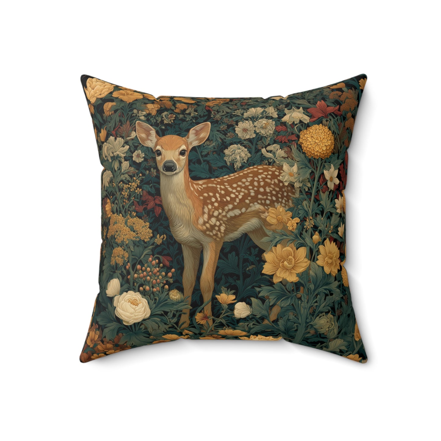 Woodland Fawn Floral Pillow, William Morris Style Baby Deer Botanical Decorative Cushion