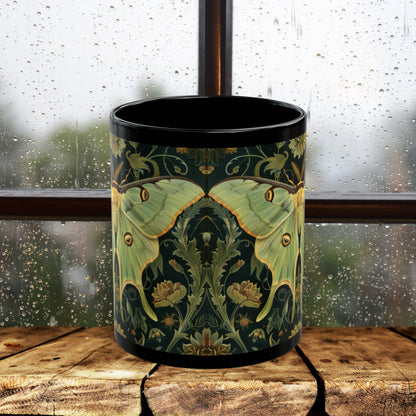 Woodland Luna Moth William Morris Inspired Black Coffee Mug For Her Him Ceramic Mug Black Mug 11oz, 15oz