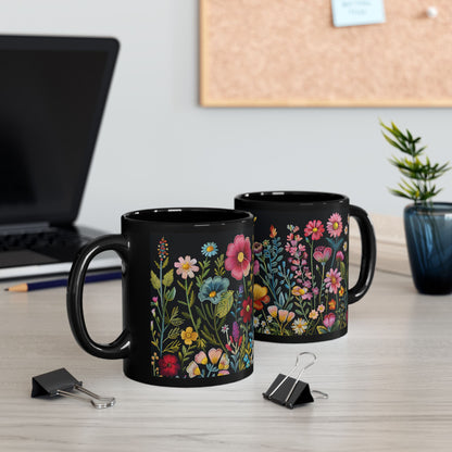 Embroidery Beautiful Wildflowers Black Coffee Mug, Wildflowers Kitchenware Black Mug 11oz, 15oz ,