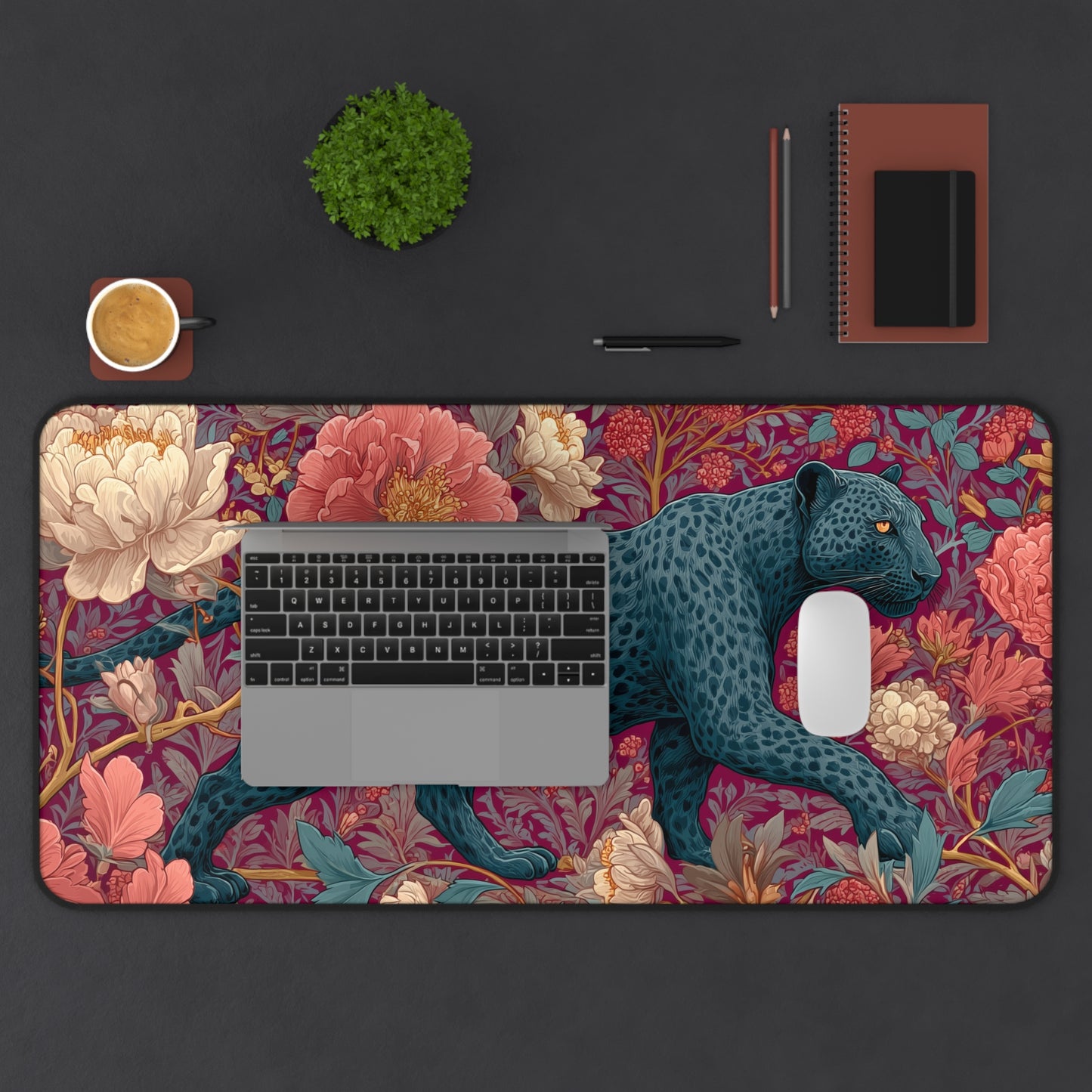 Midnight Panther Peony Desk Mat, William Morris Inspired Floral Mouse Pad, Aesthetic Workspace Decor, Botanical Desk Pad