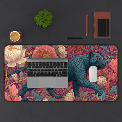 Midnight Panther Peony Desk Mat, William Morris Inspired Floral Mouse Pad, Aesthetic Workspace Decor, Botanical Desk Pad