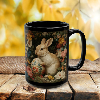 Easter Bunny Floral Black Mug, Vintage Rabbit & Painted Egg Coffee Cup (11oz/15oz)