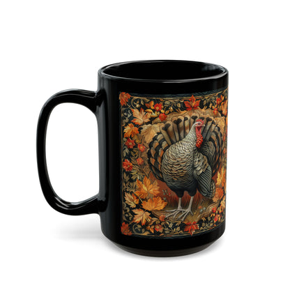 Fall Turkey William Morris Inspired Black Coffee Mug For Her Him Ceramic Mug Black Mug 11oz, 15oz