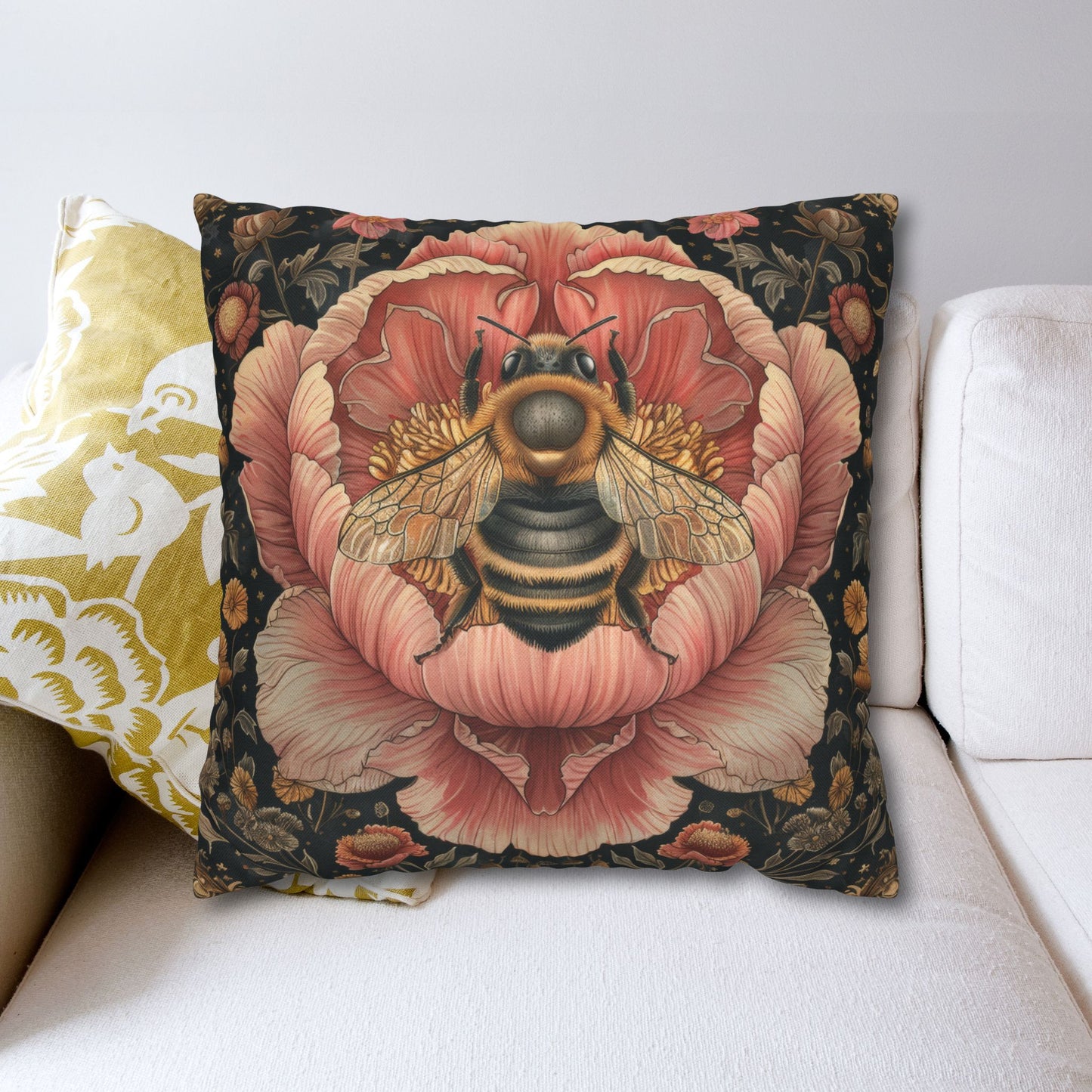 Bumblebee Pink Peony Pillowcase, William Morris Decor, Throw Cushion, Floral Home Decor, Square Pillow Cover
