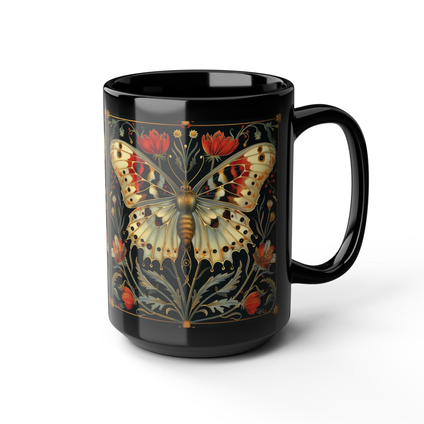 William Morris Inspired Botanical Night Butterfly Black Mug 11oz, 15 oz