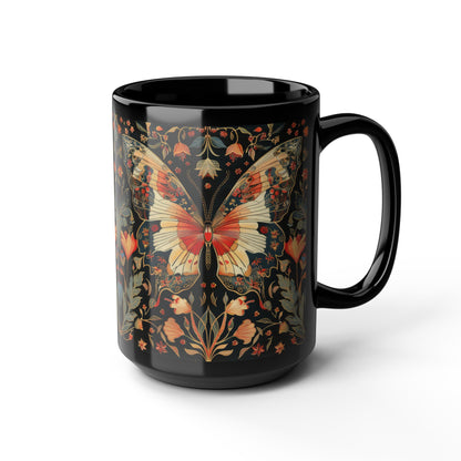 Enchanting Butterfly in the Style of William Morris, Woodland Blossoms Floral Botanical Design Black Mug 11oz, 15 oz