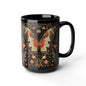 Enchanting Butterfly in the Style of William Morris, Woodland Blossoms Floral Botanical Design Black Mug 11oz, 15 oz