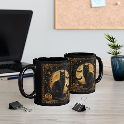 Art Deco Full Moon Black Cat Mug, William Morris Inspired, Black Coffee Cup 11oz, 15oz, Cat Lover Gift, Halloween Mug, Gothic Kitchen Decor,