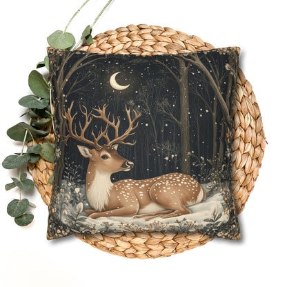Winter Night Deer Throw Pillowcase, Crescent Moon Woodland Decorative Pillow