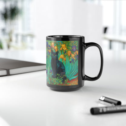 Black Cat Iris Mug, Van Gogh Inspired Cat Art Mug, Colorful Impressionist Floral Black Ceramic Mug, Artistic Cat Lover Gift, 11oz & 15oz