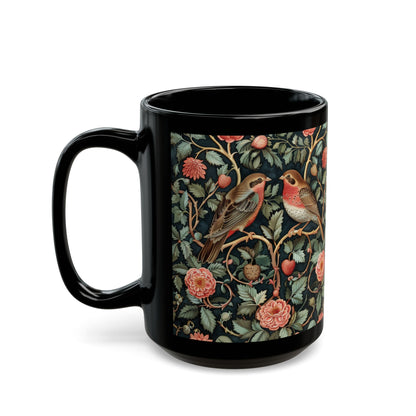 William Morris Inspired Botanical Birds Black Coffee Mug 11oz, 15 oz