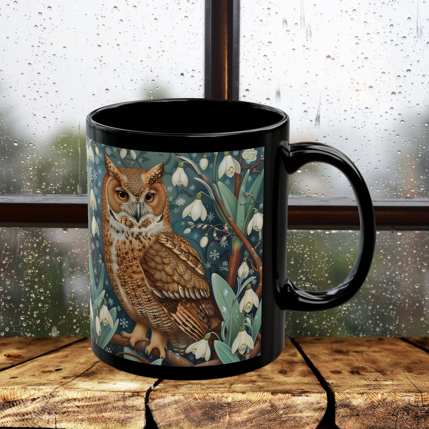 Whimsical Owl Snowdrop Floral Black Mug - Woodland Nature Coffee Cup, Forest Animal Art Gift, Cozy Rustic Drinkware