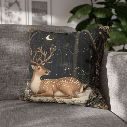 Winter Night Deer Throw Pillowcase, Crescent Moon Woodland Decorative Pillow