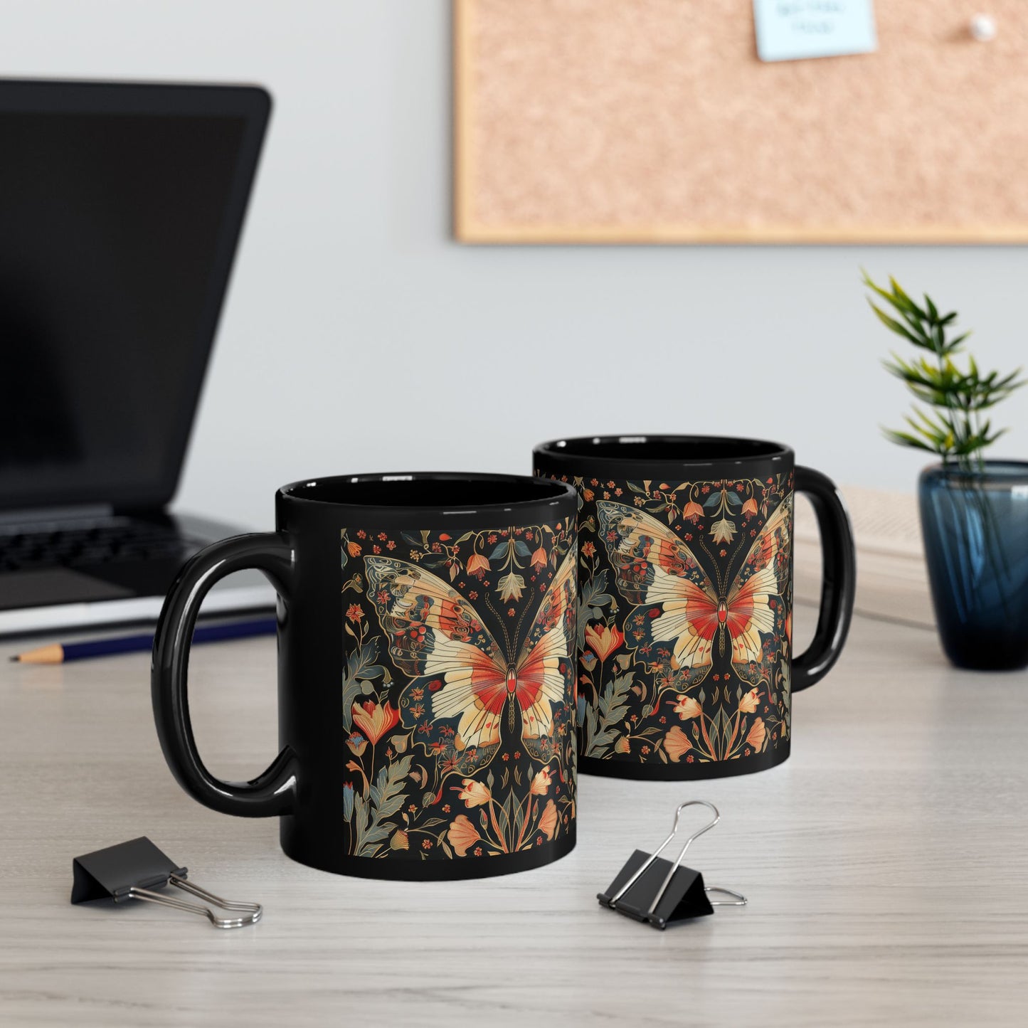 Enchanting Butterfly in the Style of William Morris, Woodland Blossoms Floral Botanical Design Black Mug 11oz, 15 oz